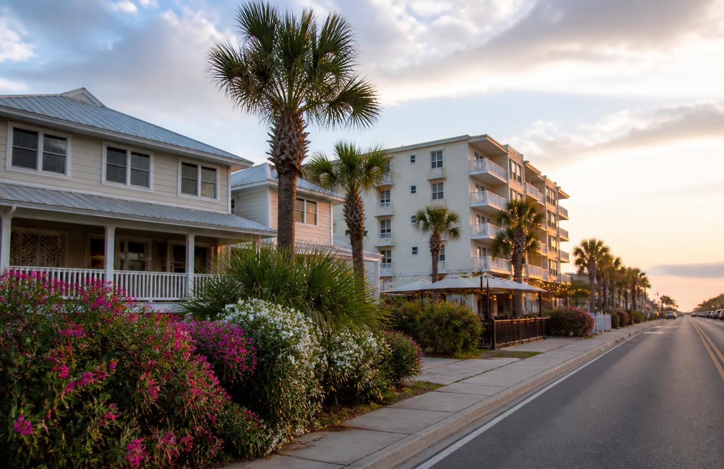 Coastal Alabama street with a rental condo building, a beach house and a restaurant patio
